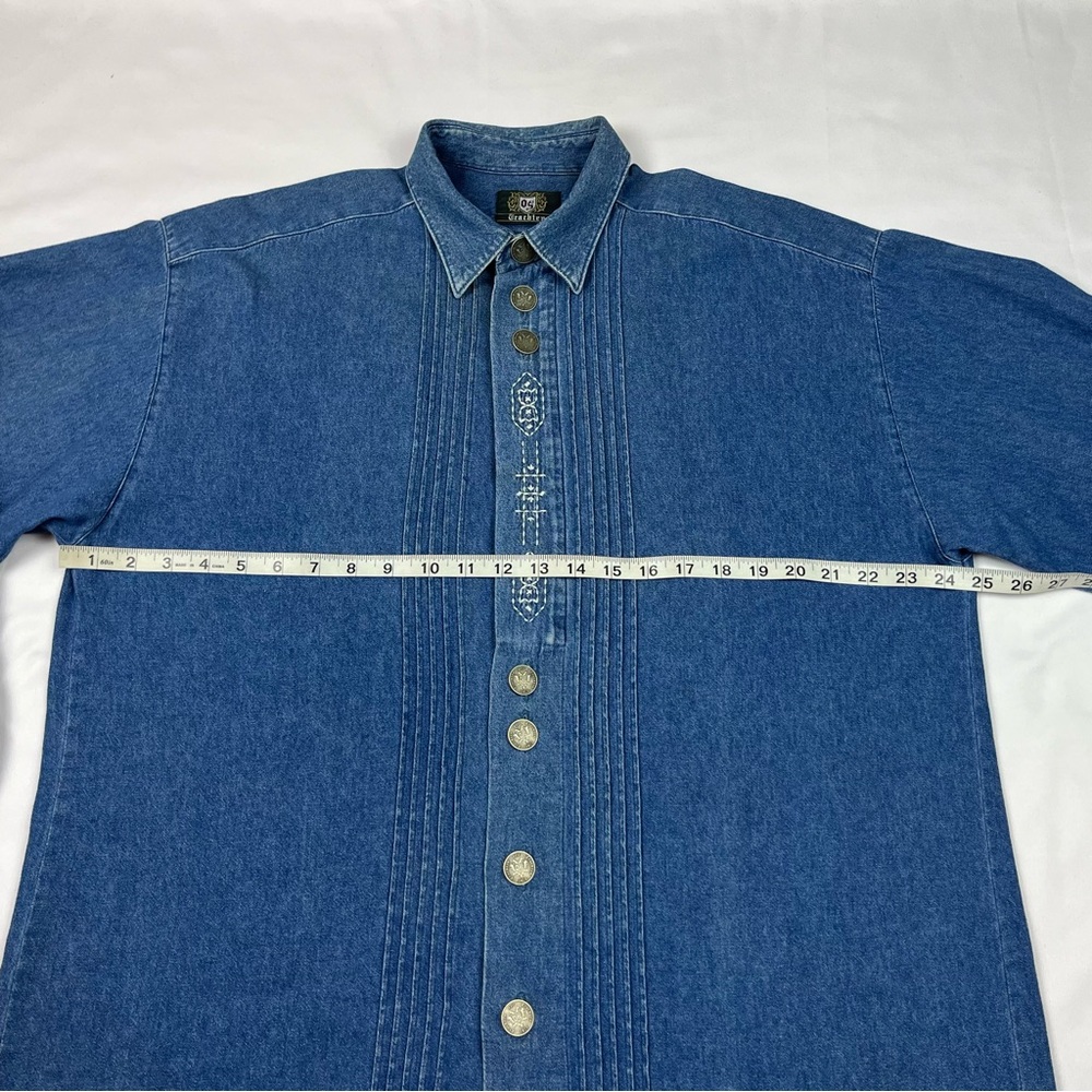 OS Trachten Mens German Oktoberfest Button Up Shirt Large Denim Long Sleeve B8 - Picture 6 of 7